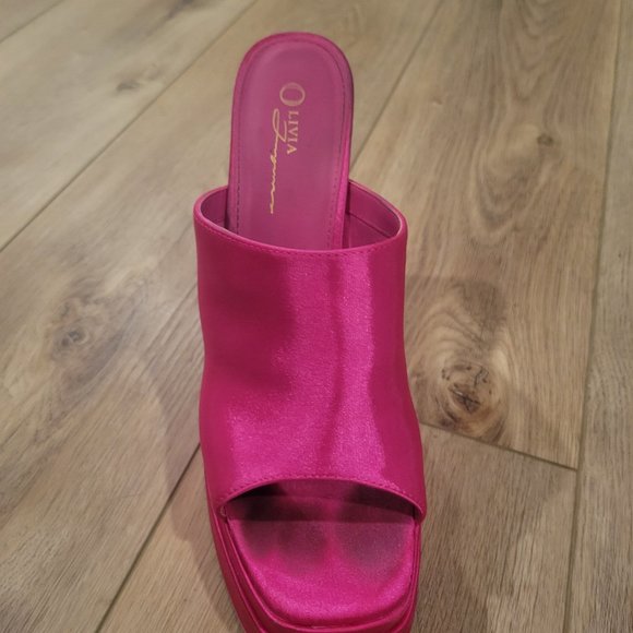 Forever 21 Hot Pink Fuschia Platform Open Toed Mules Block Heels - Picture 2 of 3